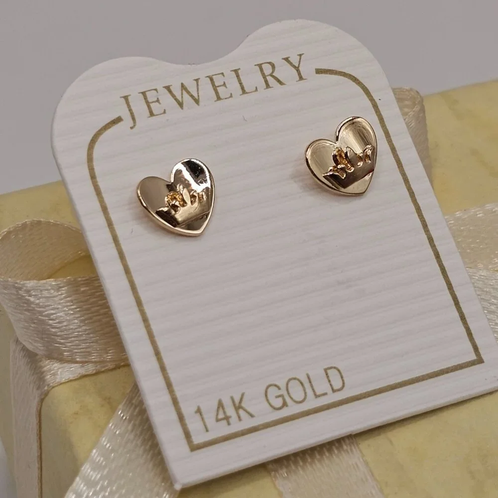 14KT Gold Heart and Crown Screw Back Stud Earrings 6mm